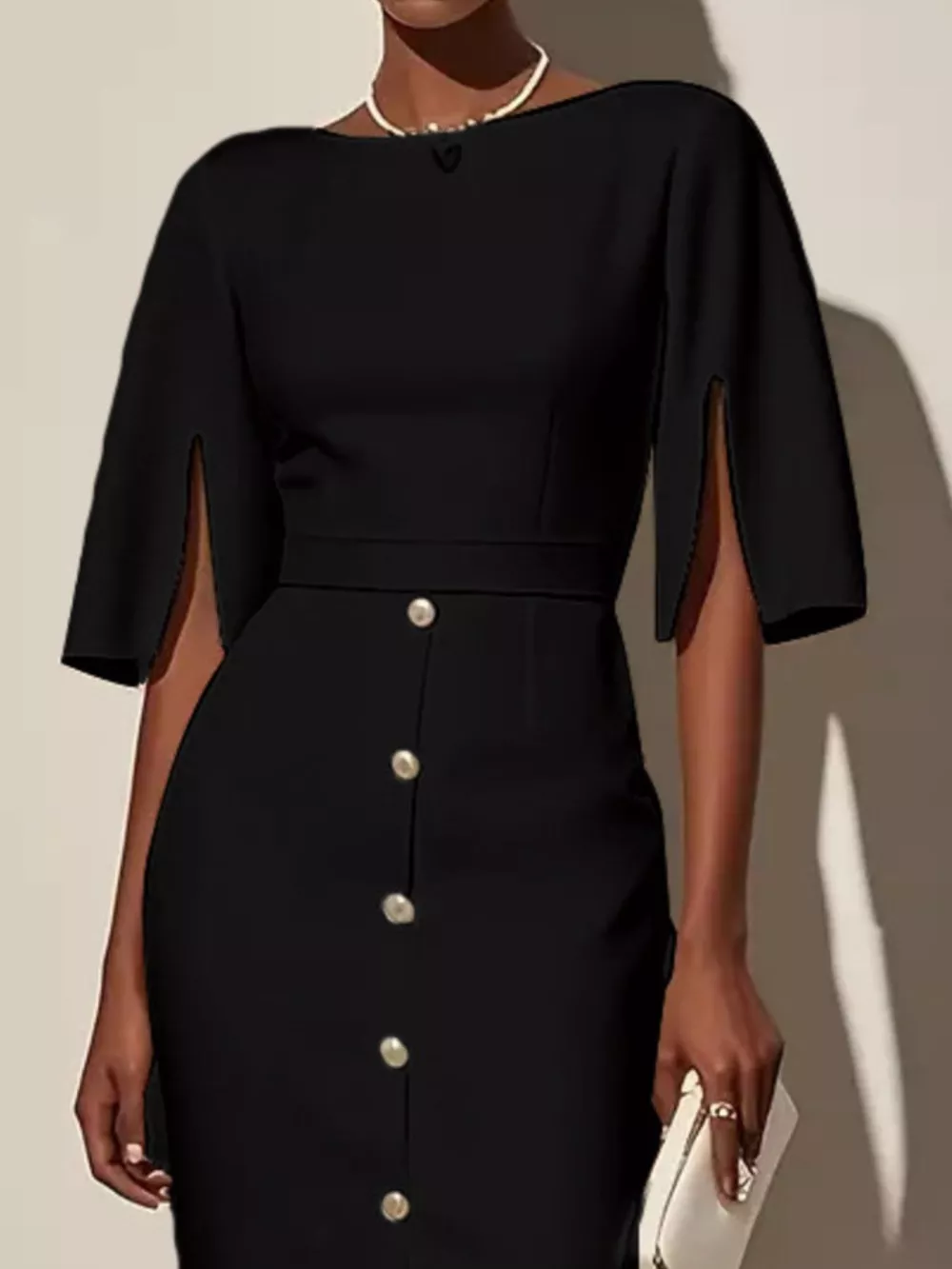 Slit Sleeve Midi Dress with Decorative Button, image 3