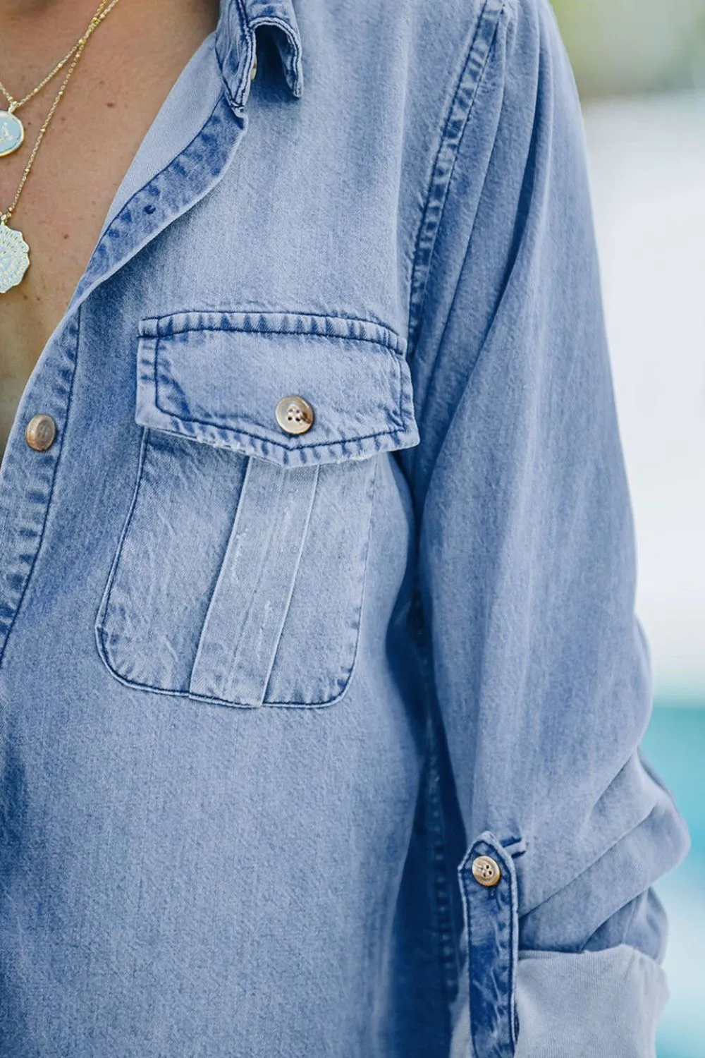 Pocketed Collared Neck Long Sleeve Denim Top, image 14