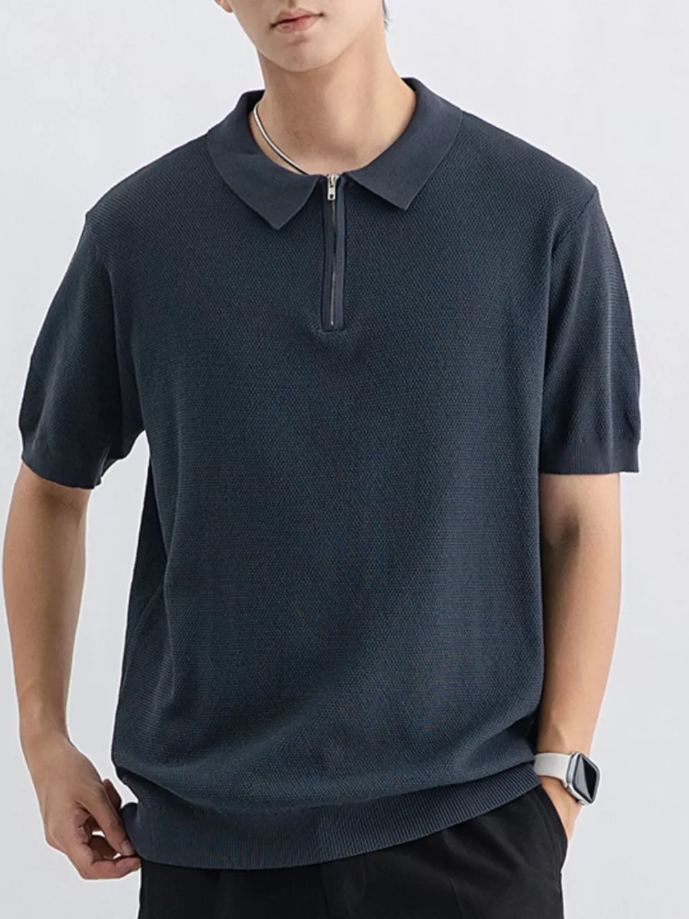 Men's Plus Size Textured Knit Zip-Up Polo, image 6