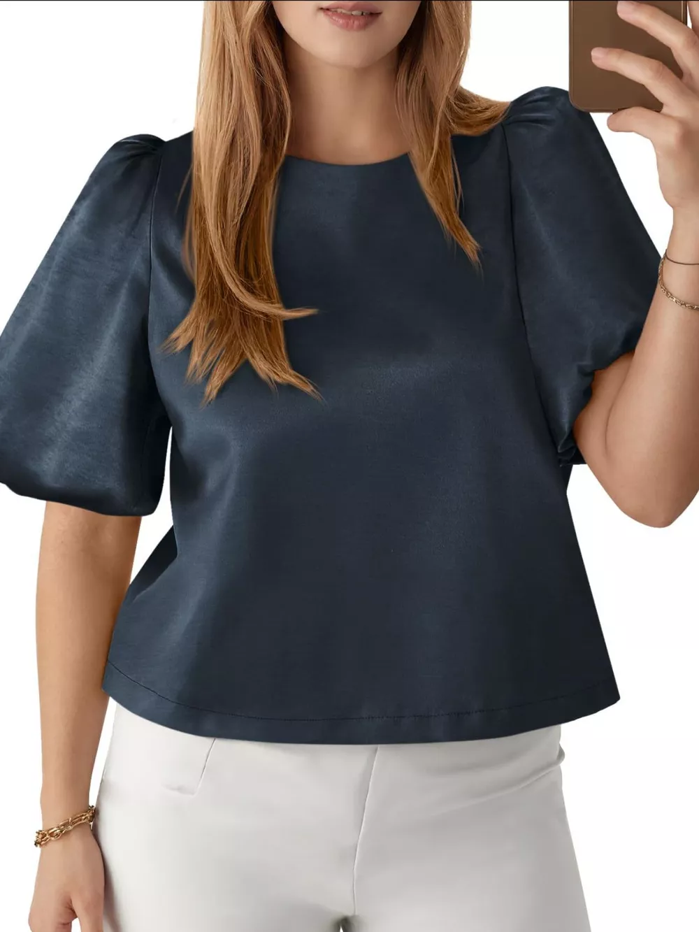 Round Neck Puff Sleeve Satin Top, image 4