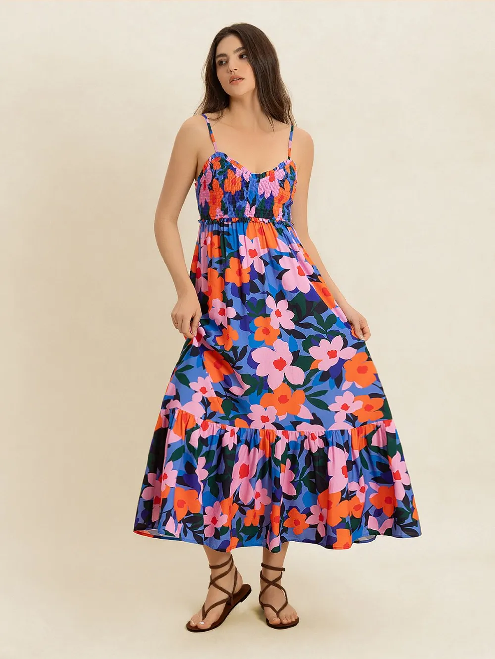 Smocked Back Ruffled Hem Printed Cami Dress, image 5