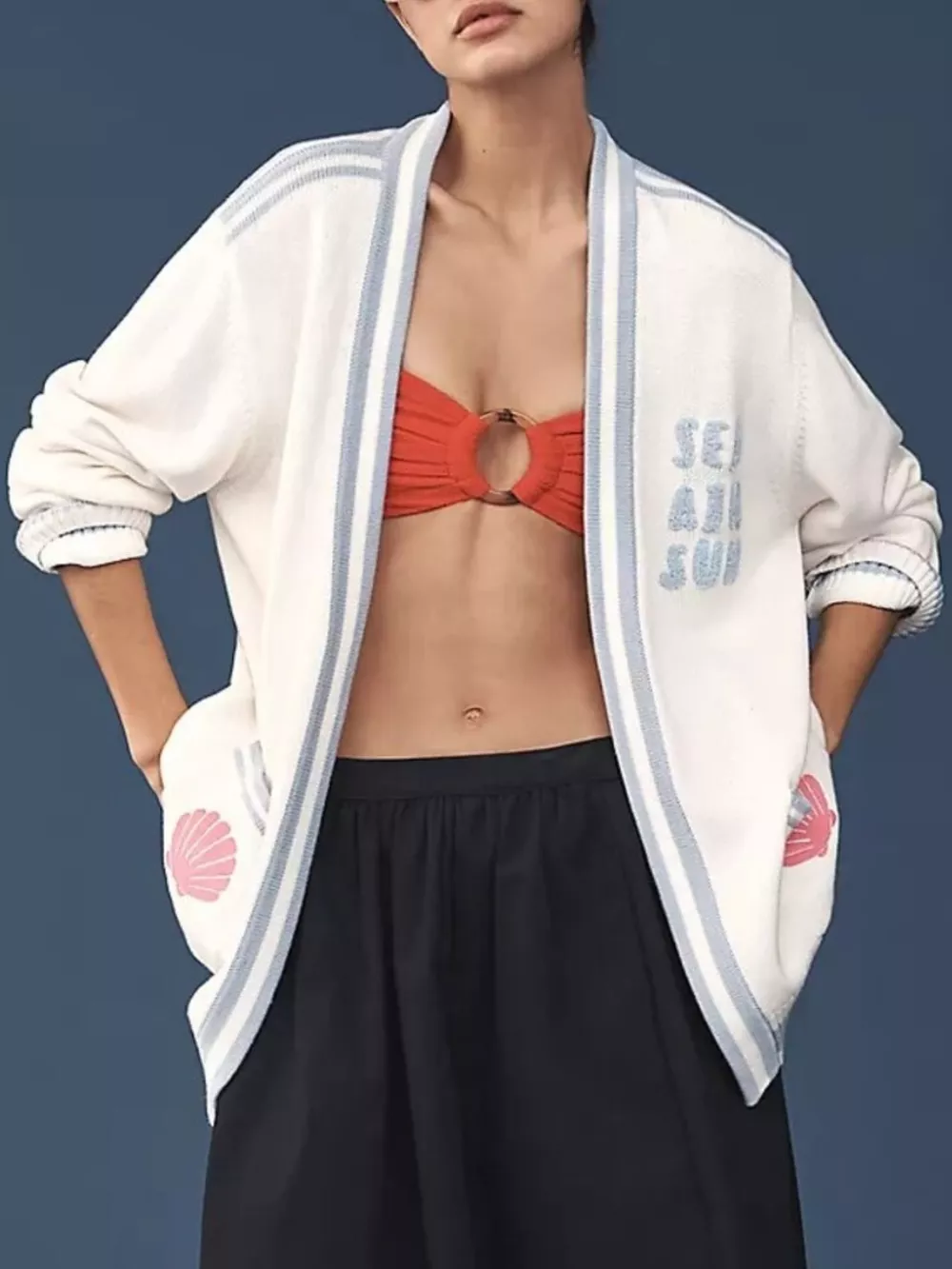 Seashell Embroidered Open Front Cardigan, image 4