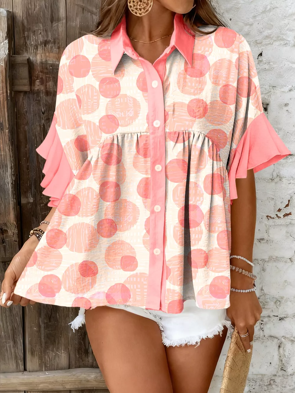 Double Polka Dot Printed Ruffle Trim Short Sleeve Babydoll Shirt