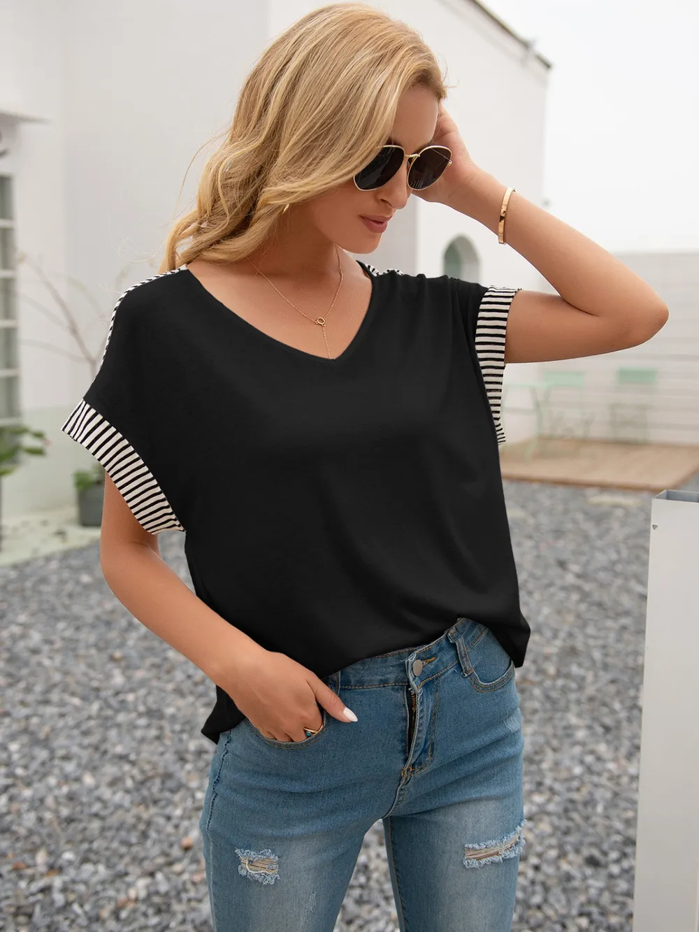 Striped V-Neck Short Sleeve T-Shirt, image 3