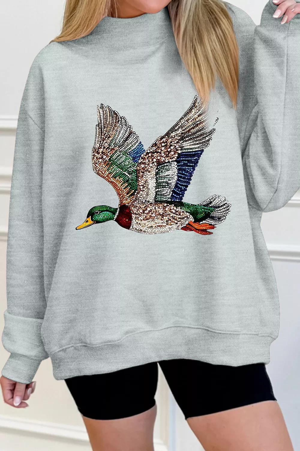 Western Style Mallard Duck Printed Graphic Baggy Mock Neck Sweatshirt, image 2