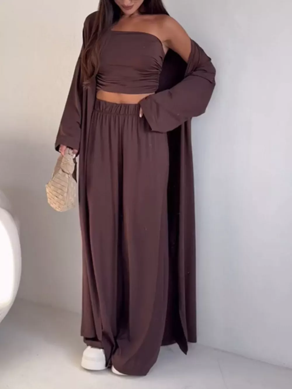 Chic Strapless Ruched Crop Top and Wide-Leg Pants with Cardigan 3-Piece Set, image 3