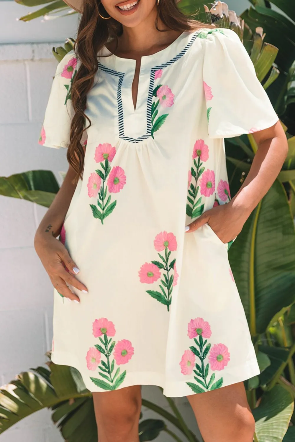 Floral Print Flutter Sleeve Summer Mini Dress