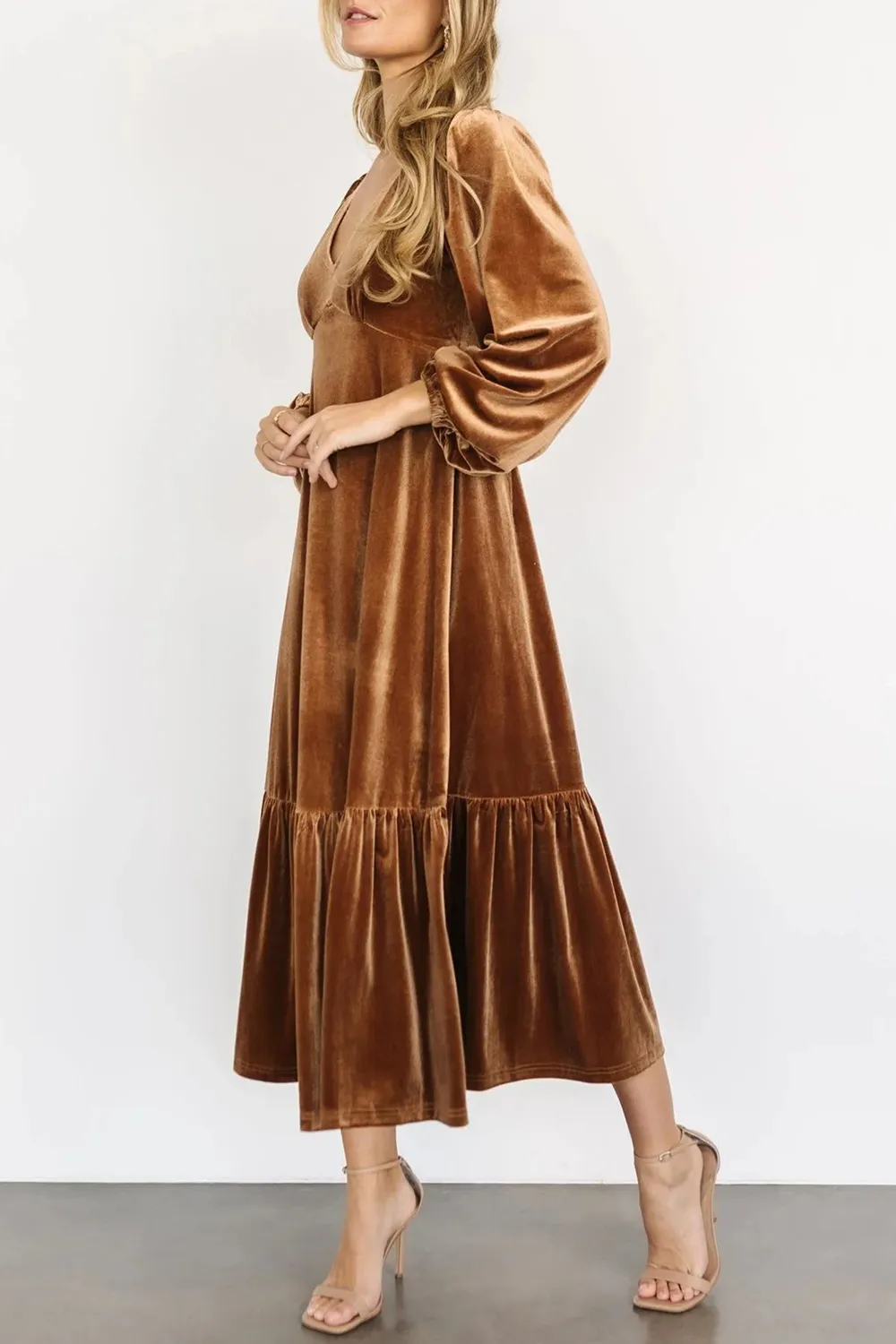 V-Neck Long Sleeve Midi Velvet Dress, image 11