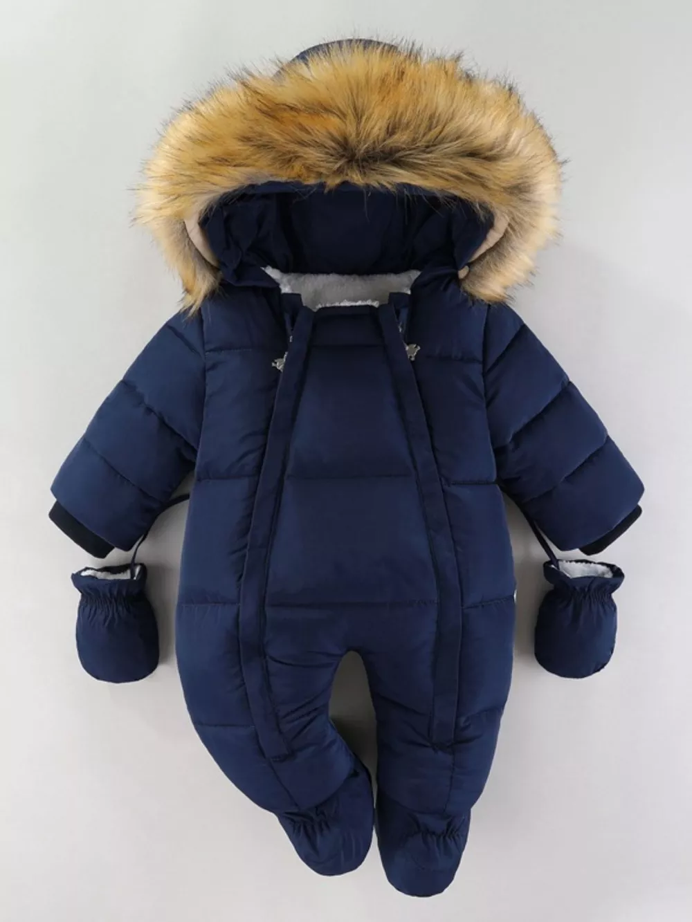 Children's Warm Padded One-Piece Snowsuit with Fur Hood, image 4