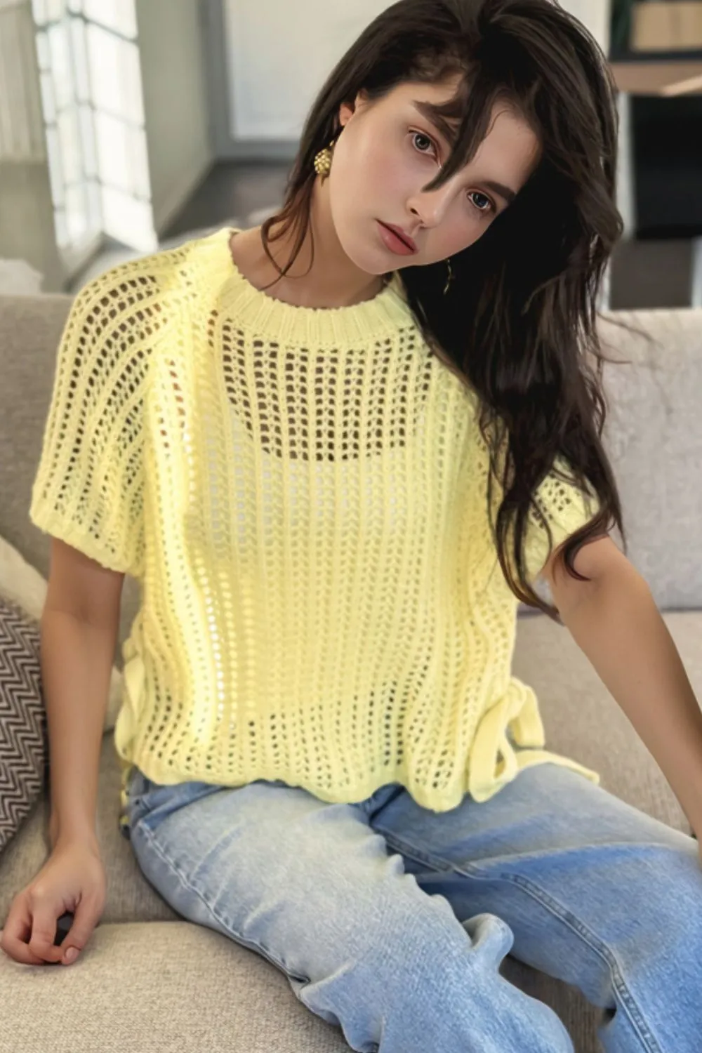 Hollow-out Crochet Side Tied Short Sleeve Knit Cover Up, image 12