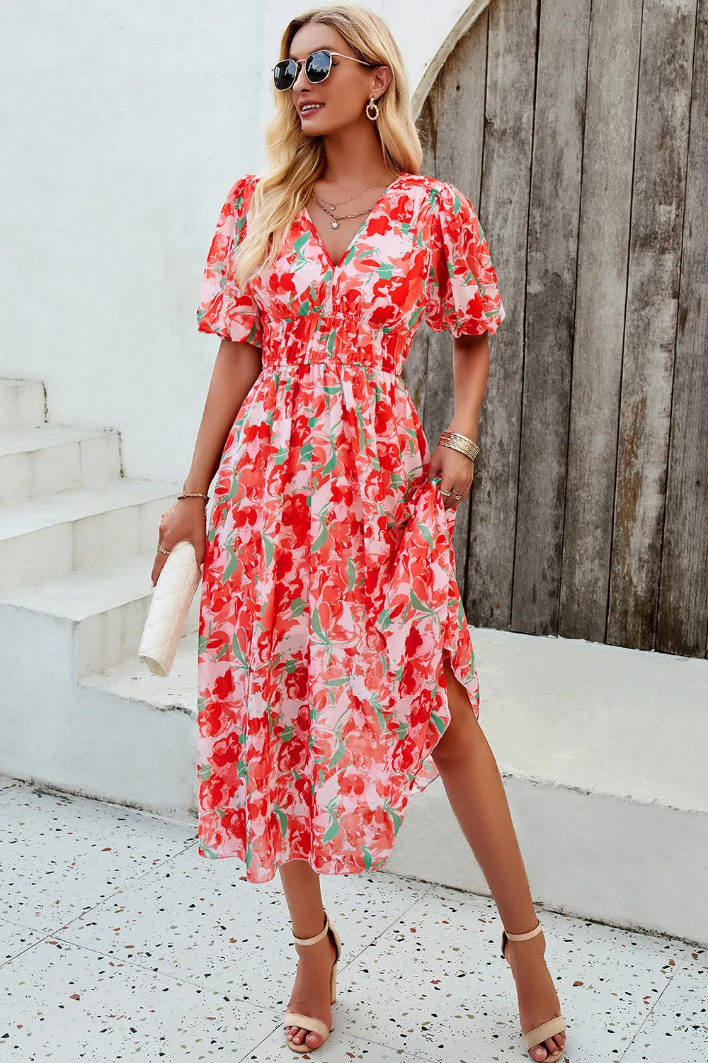 Smocked Printed V-Neck Short Sleeve Dress, image 5