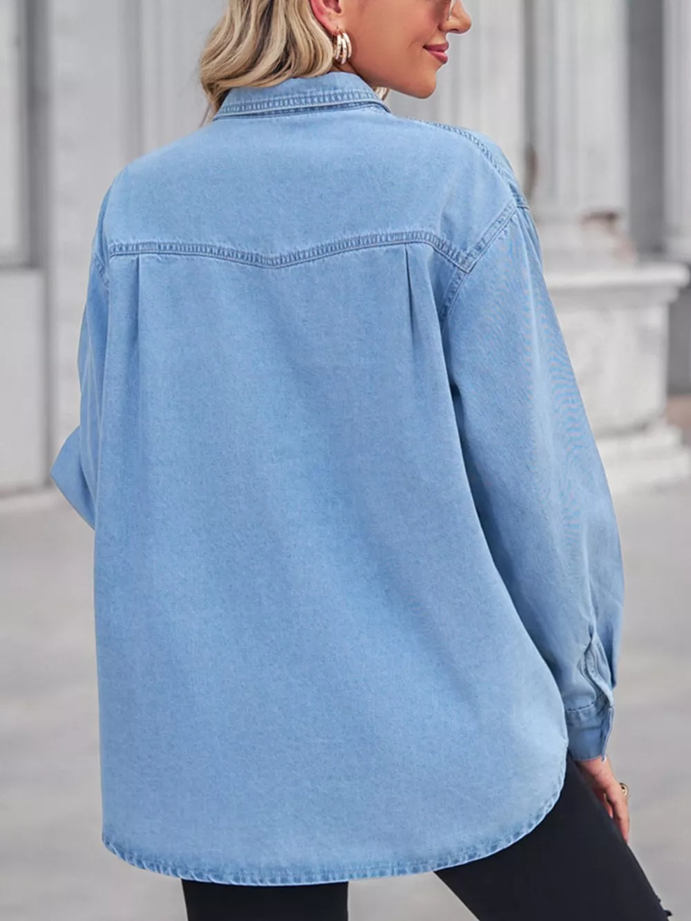 Button Down Washed Denim Shirt with Chest Pockets, image 8