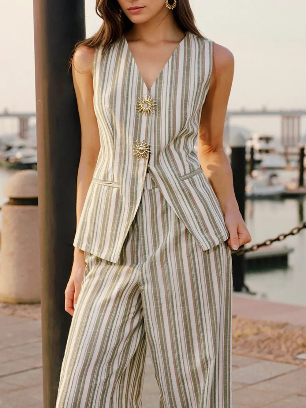 Striped Sleeveless V-Neck Top and Pants Two-Piece Set, image 3
