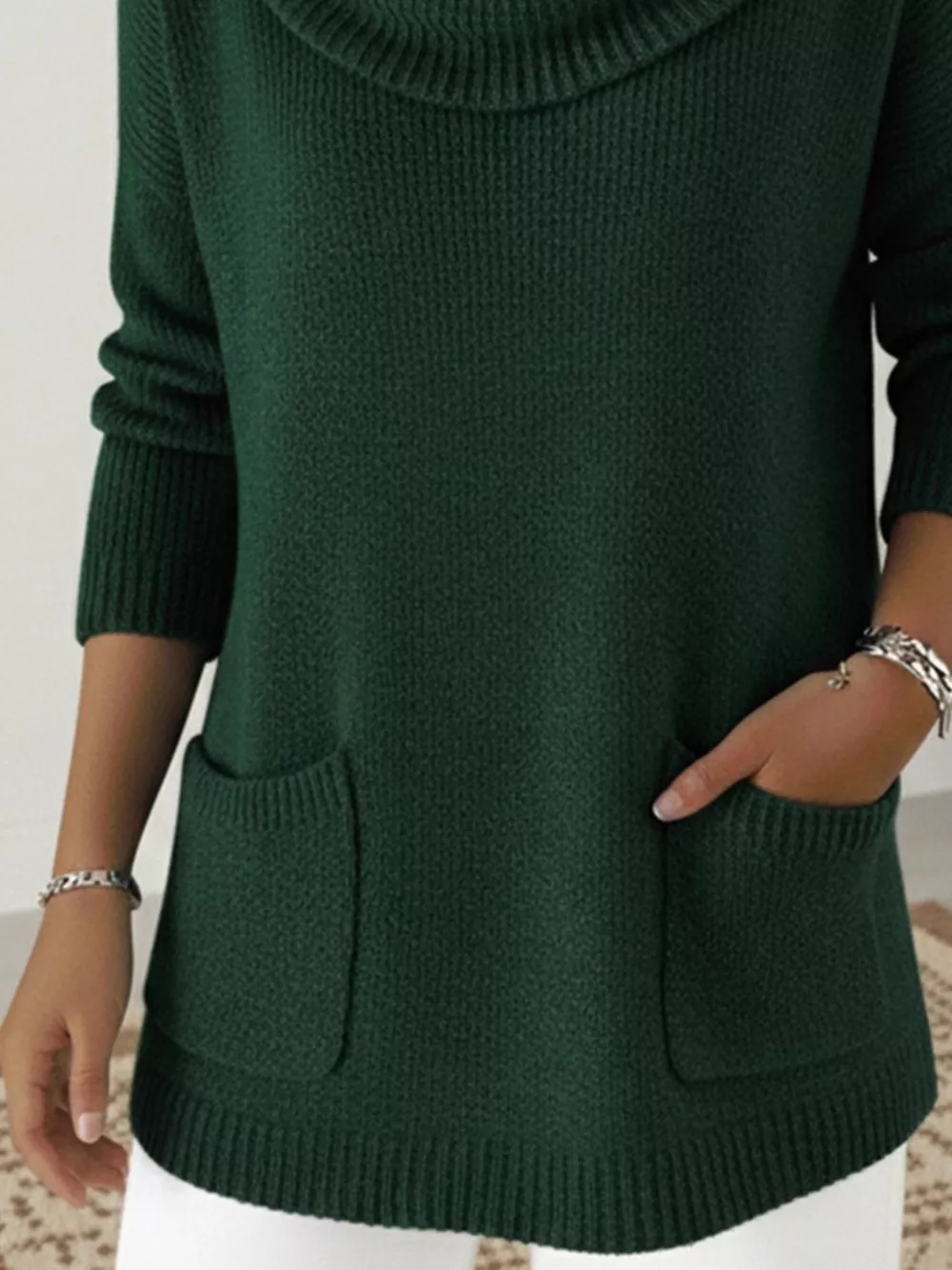 Full Size Cowl Neck Long Sleeve Sweater with Pockes Plus Size, image 5