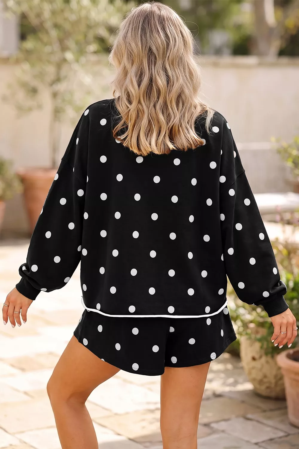 Polka Dot Raw Hem Relaxed Pullover Loose Skort Two Piece Set, image 2