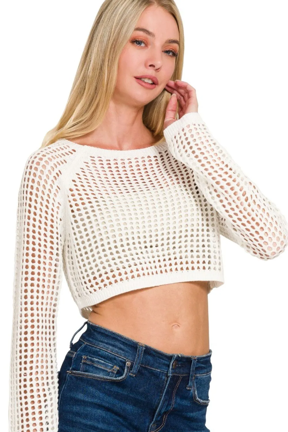 Hollow Knitted Cropped Round Neck Sweater, image 2