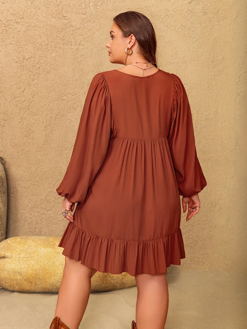 Plus Size Embroidered Tie Neck Balloon Sleeve Mini Dress, image 4