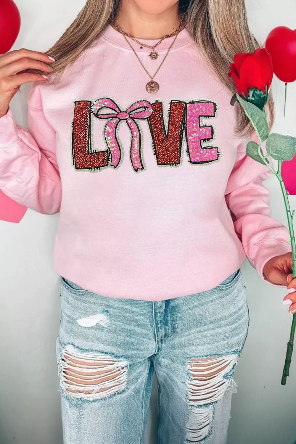 Bow Love Sequin Pattern Valentine Sweatshirt, image 4