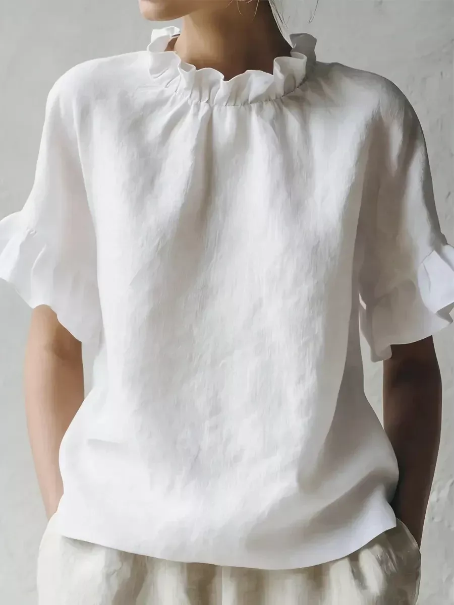 Full Size Elegant Ruffle-Neck Short Sleeve Blouse Plus Size