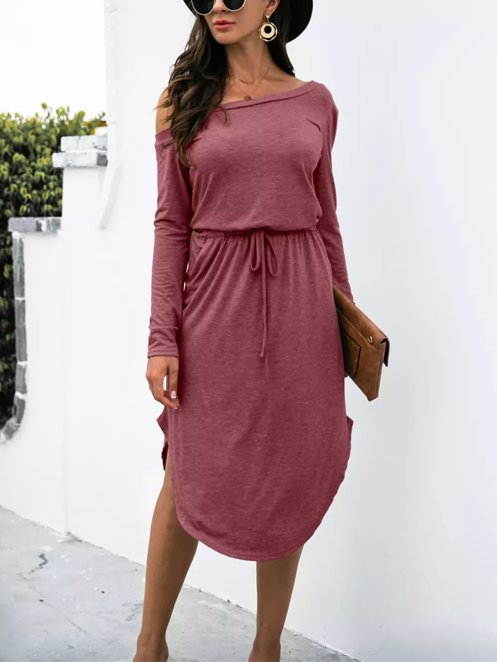 One-Shoulder Long Sleeve Midi Dress with Drawstring Waist, image 17