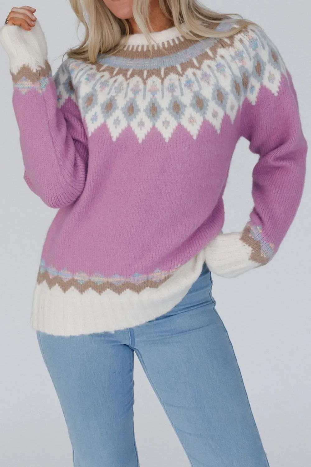 Geometric Round Neck Long Sleeve Sweater, image 4