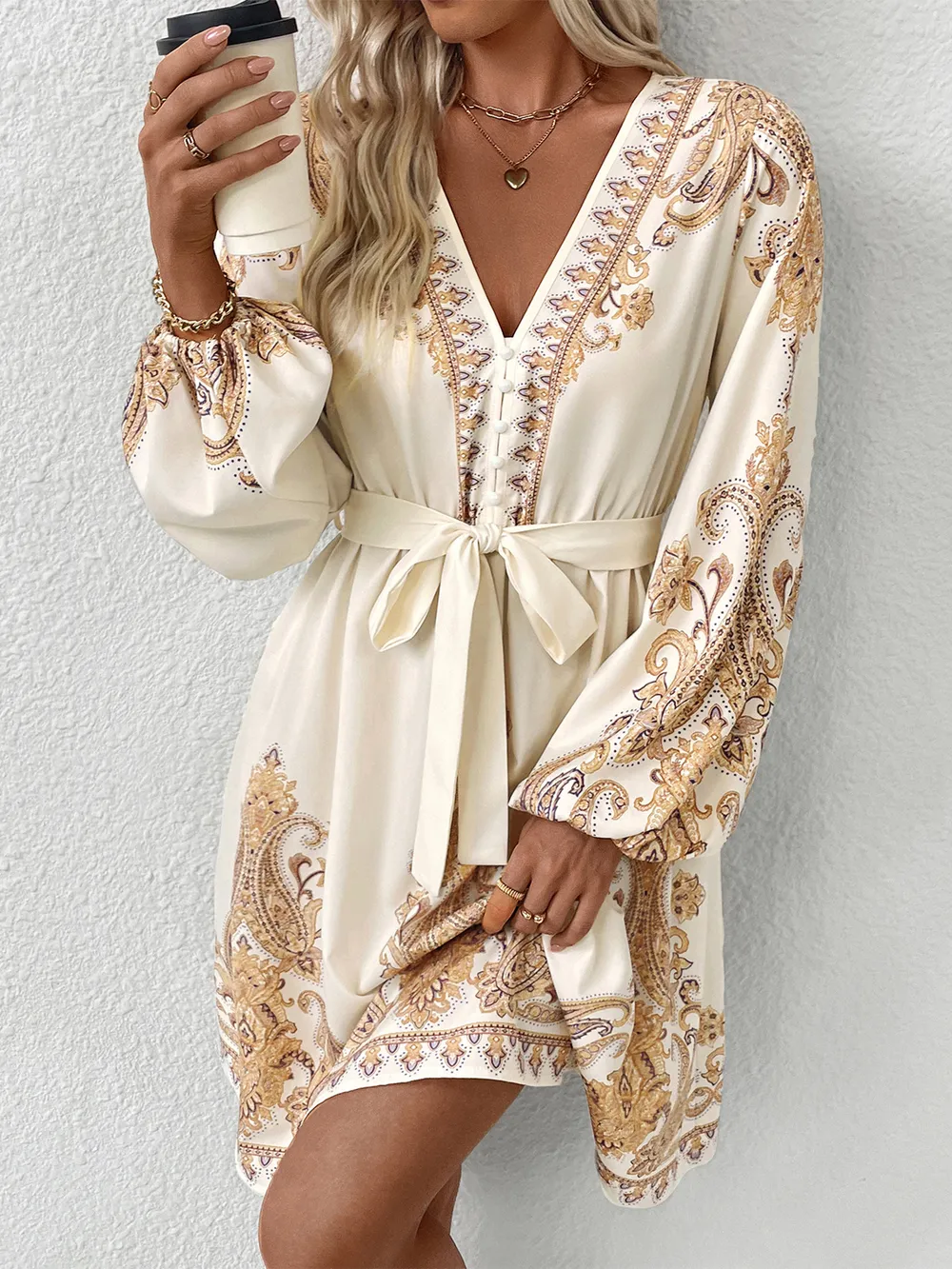 Printed Tie Waist Long Sleeve Dress, image 6