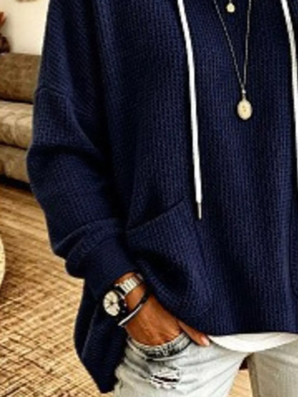 Full Size Waffle Knit Hoodie with Pockets Plus Size, image 5