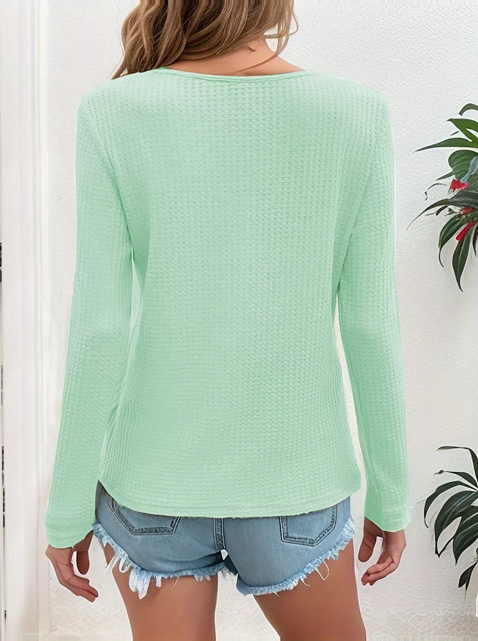 Waffle Knit Button-Detail V-Neck T-Shirt, image 12