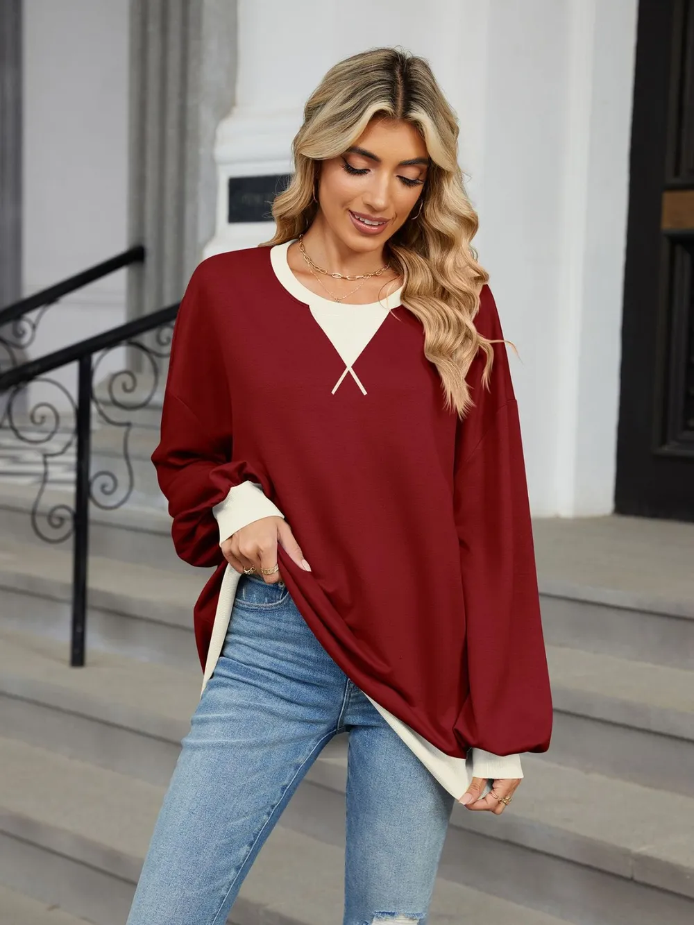 Contrast Round Neck Long Sleeve Sweatshirt, image 22