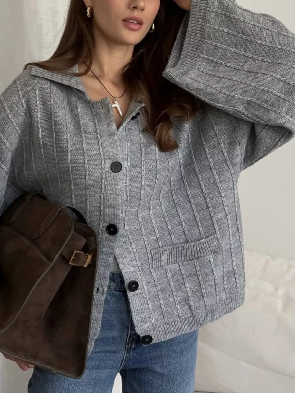 Texture Knit Cardigan with Wide Sleeves and Collar, image 3