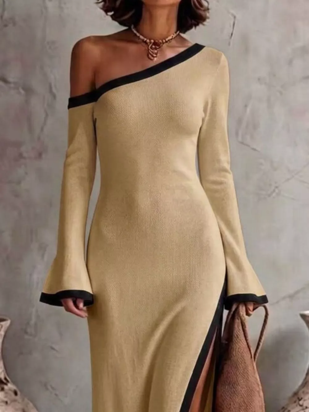 Slit One-Shoulder Contrast Trim Maxi Dress, image 10