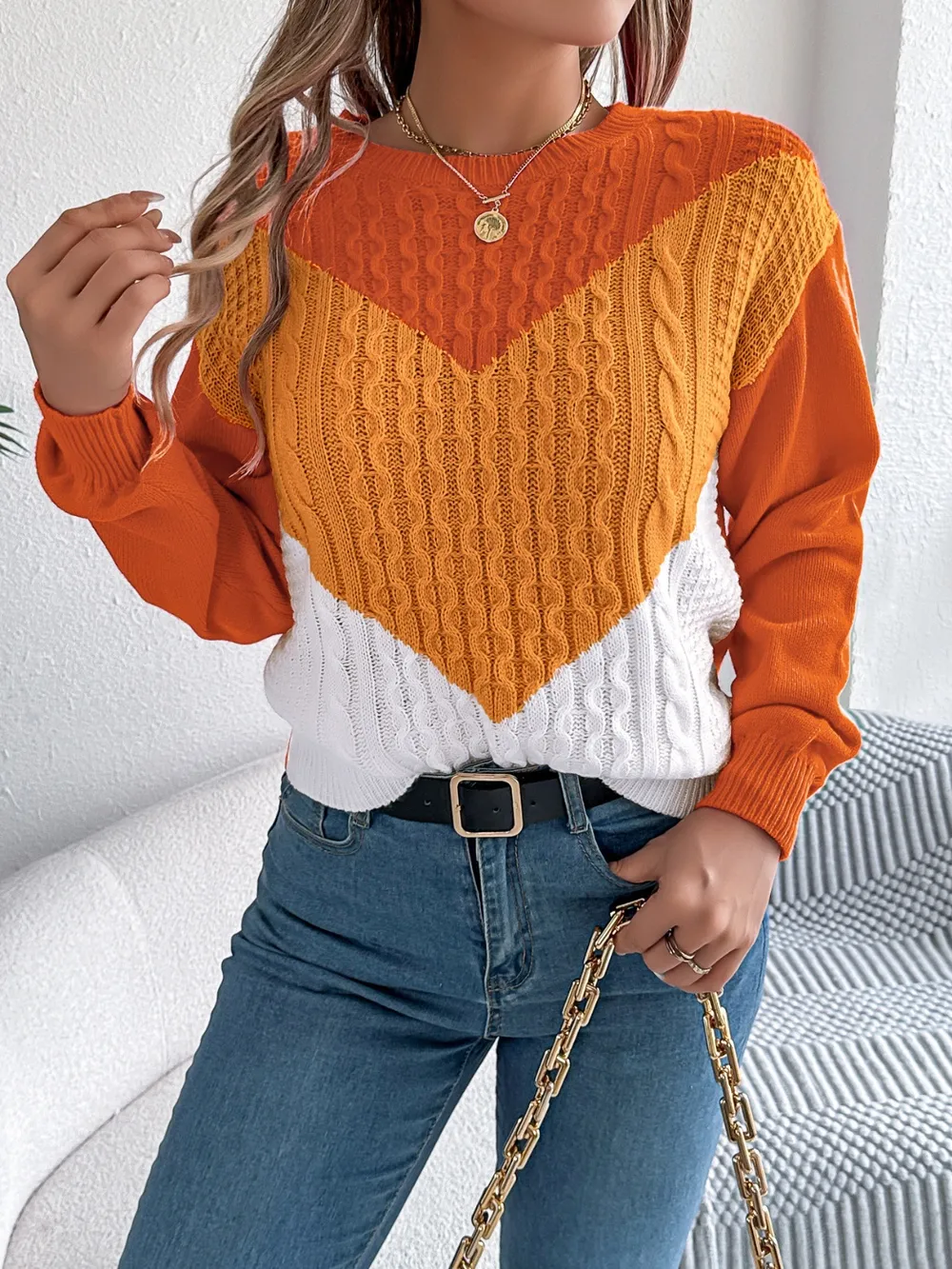 Contrast Round Neck Long Sleeve Sweater, image 7