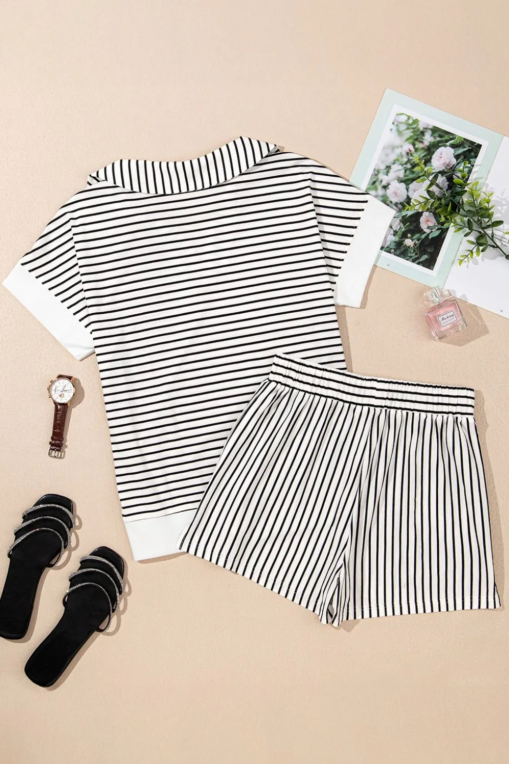 Stripe V Neck Tee and Casual Shorts Set, image 11