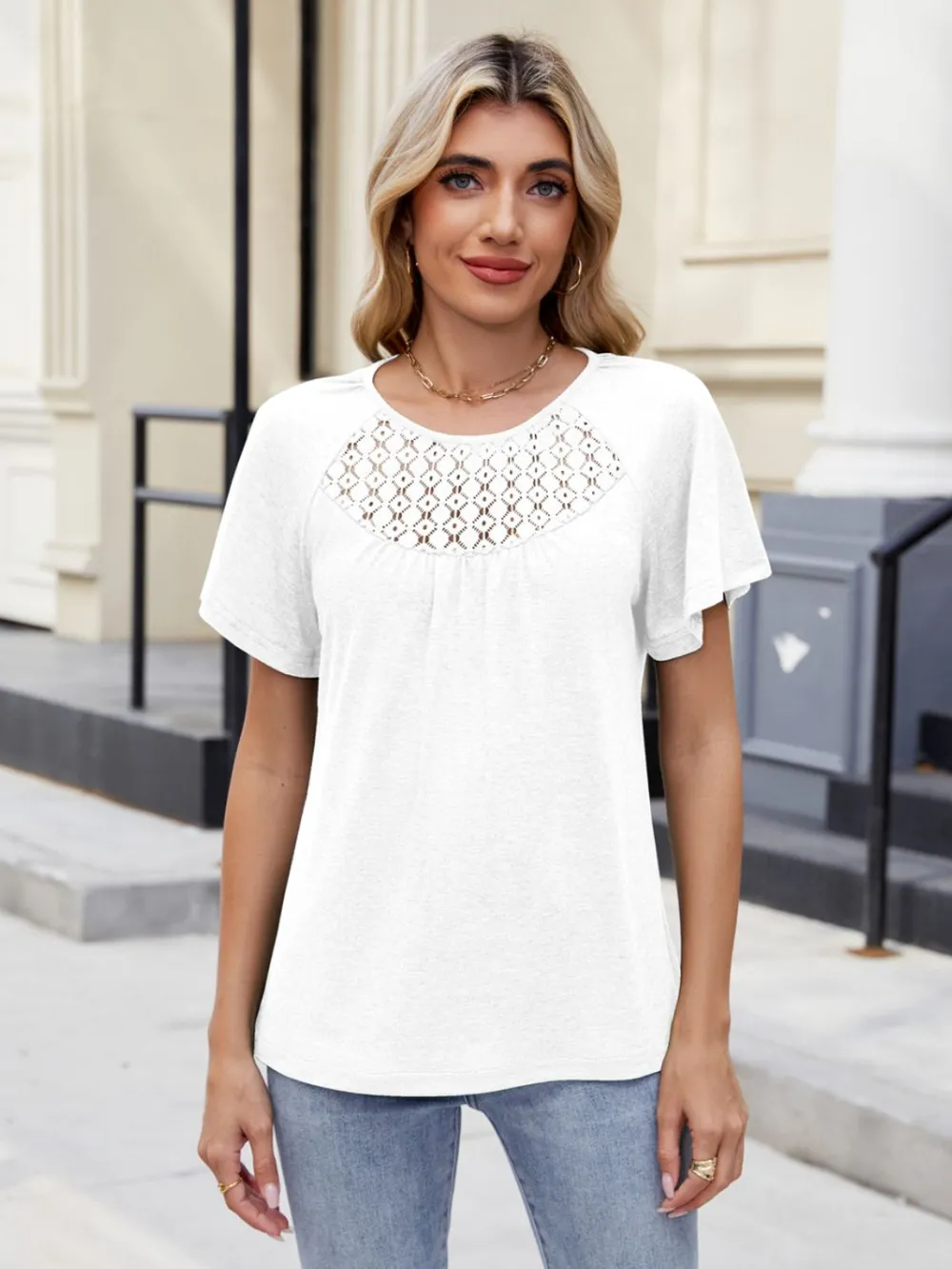 Lace Detail Round Neck Short Sleeve Blouse, image 12