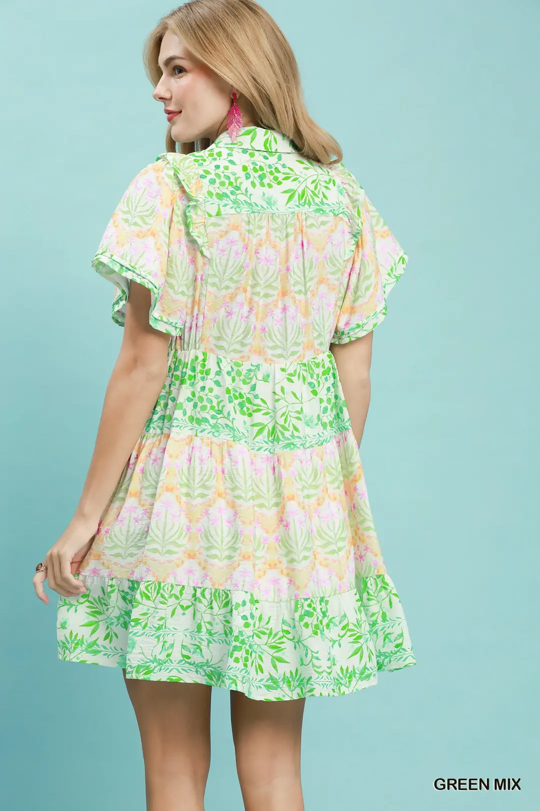Mixed Floral Tiered Mini Dress with Flutter Sleeves, image 4