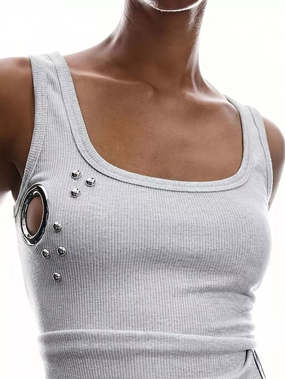 Ribbed Tank Top with Metal Grommet Cutouts and Stud Embellishments, image 5