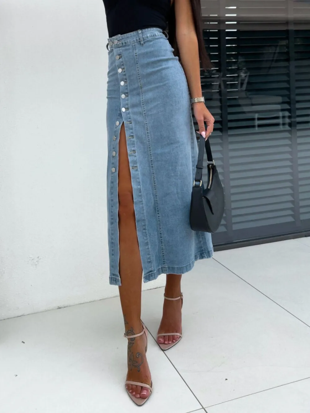 Front Button Slit Midi Denim Skirt, image 9