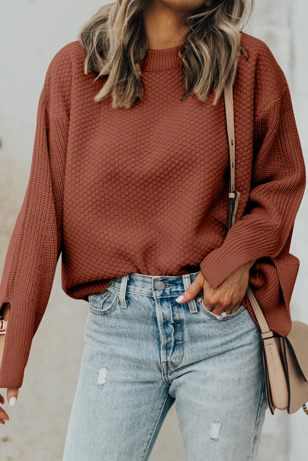 Textured Round Neck Long Sleeve Sweater, image 10