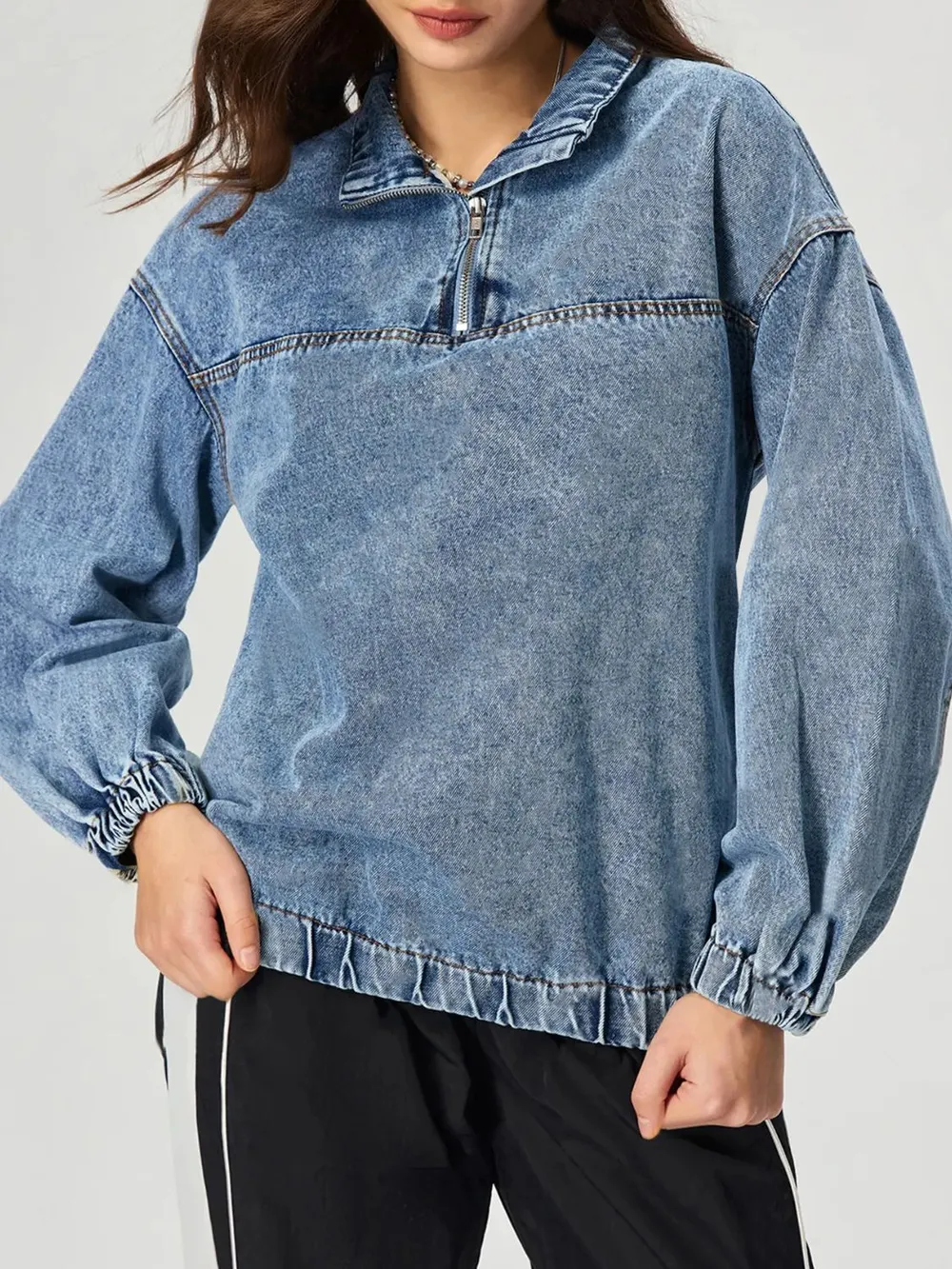 Quarter Zip Collared Neck Denim Top, image 5