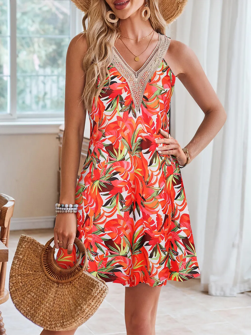Lace Detail Printed V-Neck Sleeveless Dress, image 17