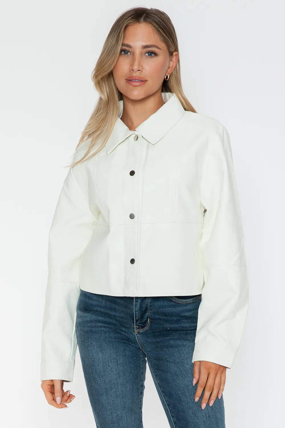 Snap Down Long Sleeve PU Leather Jacket, image 9