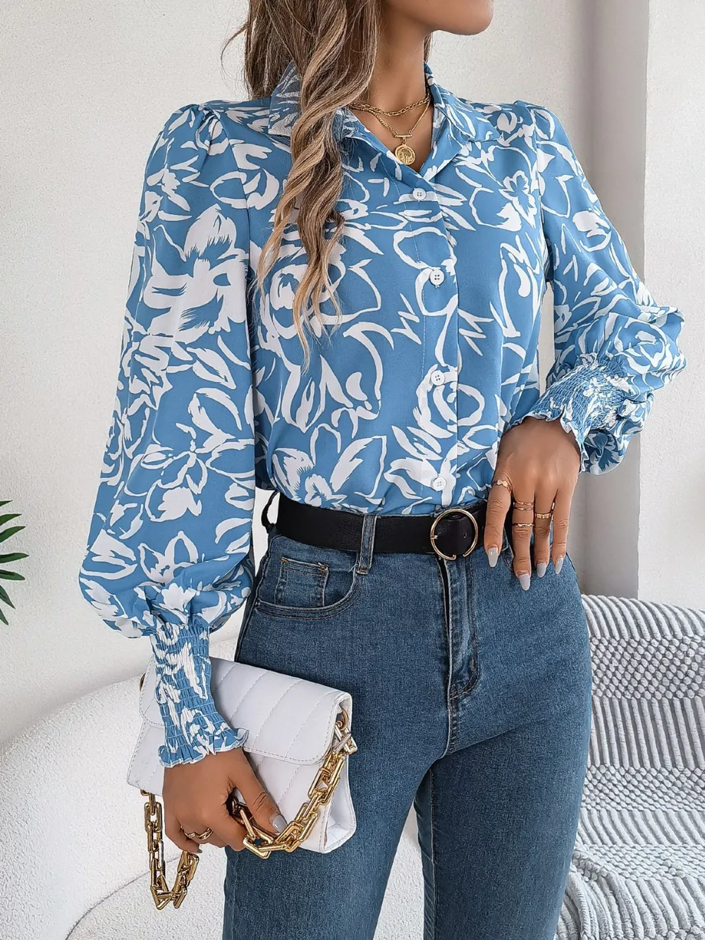 Printed Collared Neck Lantern Sleeve Shirt, image 4
