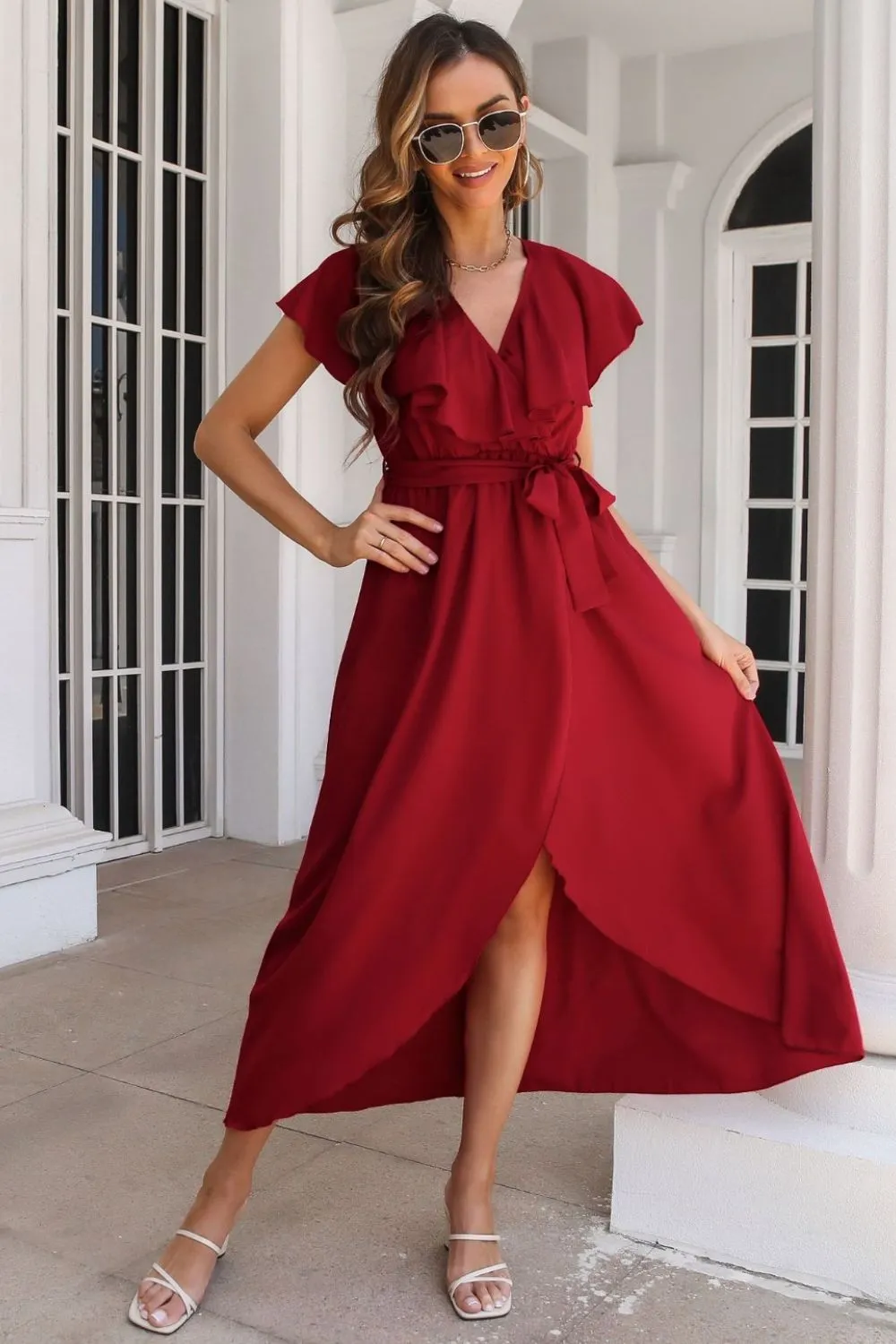 Tied Front Ruffled Short Sleeve Midi Dress, image 19