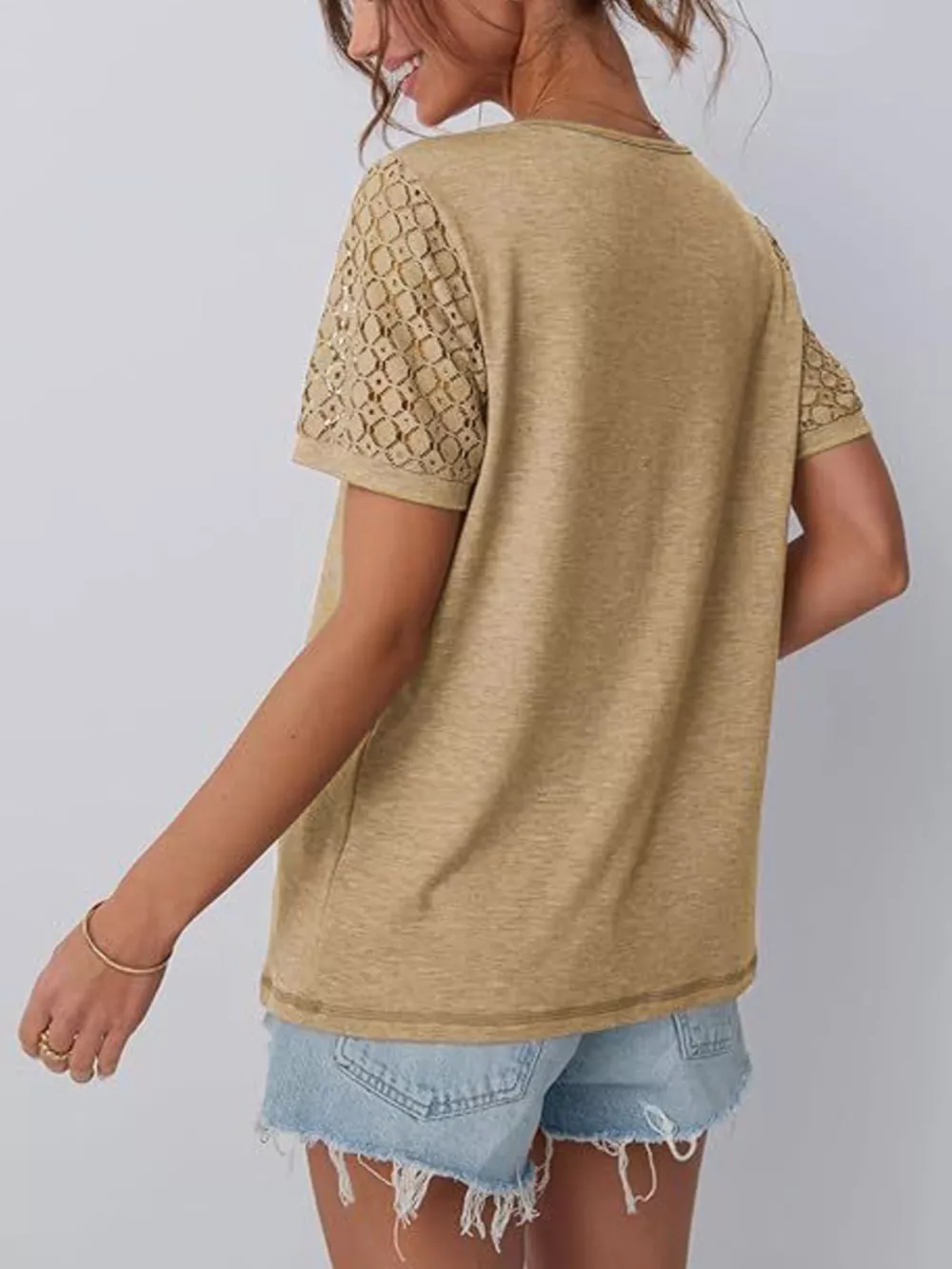 Lace Short Sleeve Round Neck T-Shirt, image 5