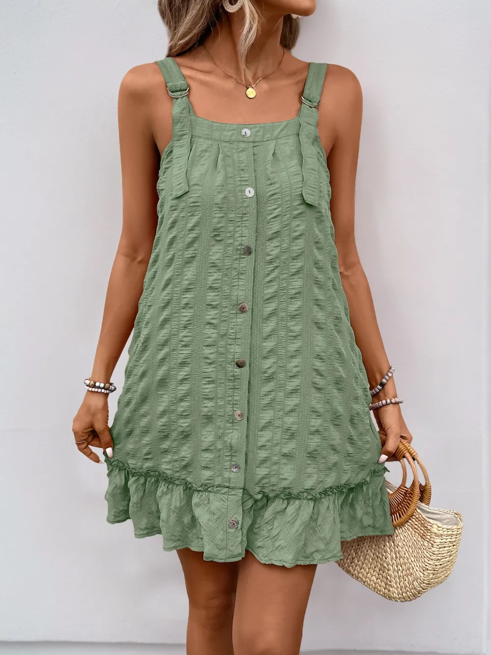 Ruffled Hem Adjustable Strap Square Neck Dress, image 5