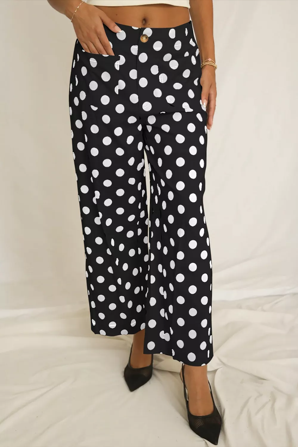 Polka Dot Print Patched Pocket Mid-rise Straight Leg Pants, image 3