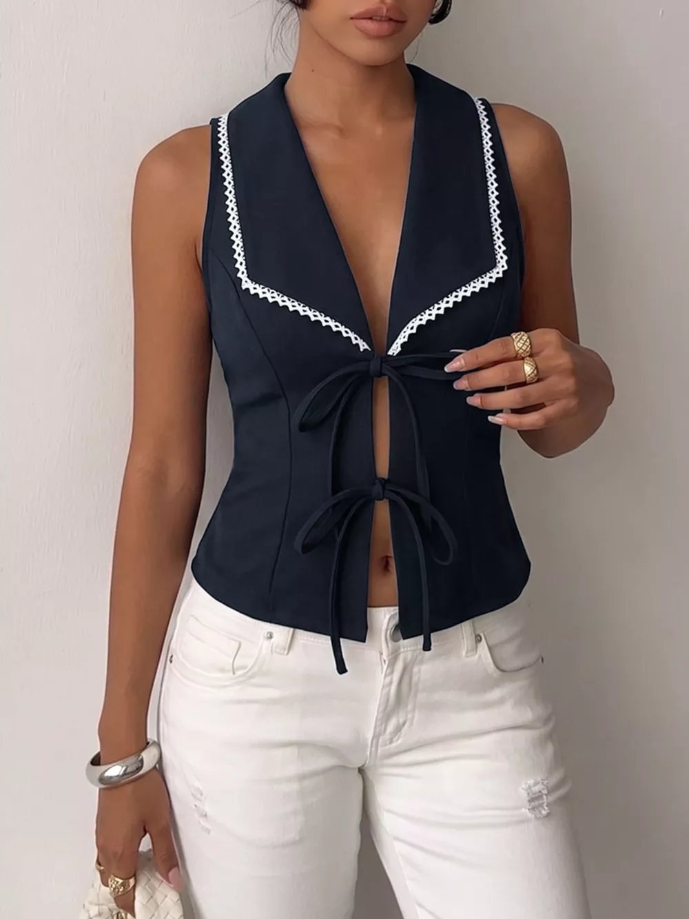 Lace Trim Tie-Front Vest, image 4