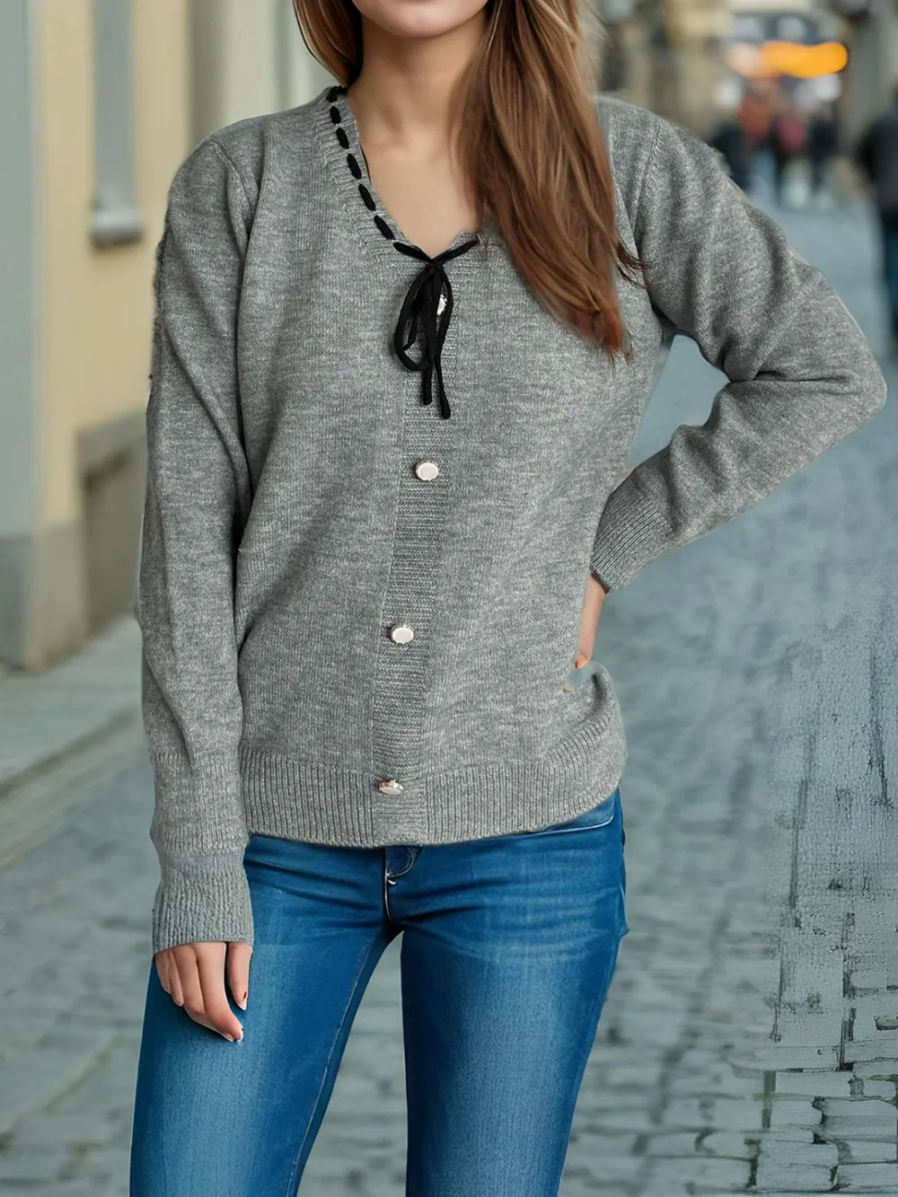 Tied V-Neck Long Sleeve Sweater, image 12