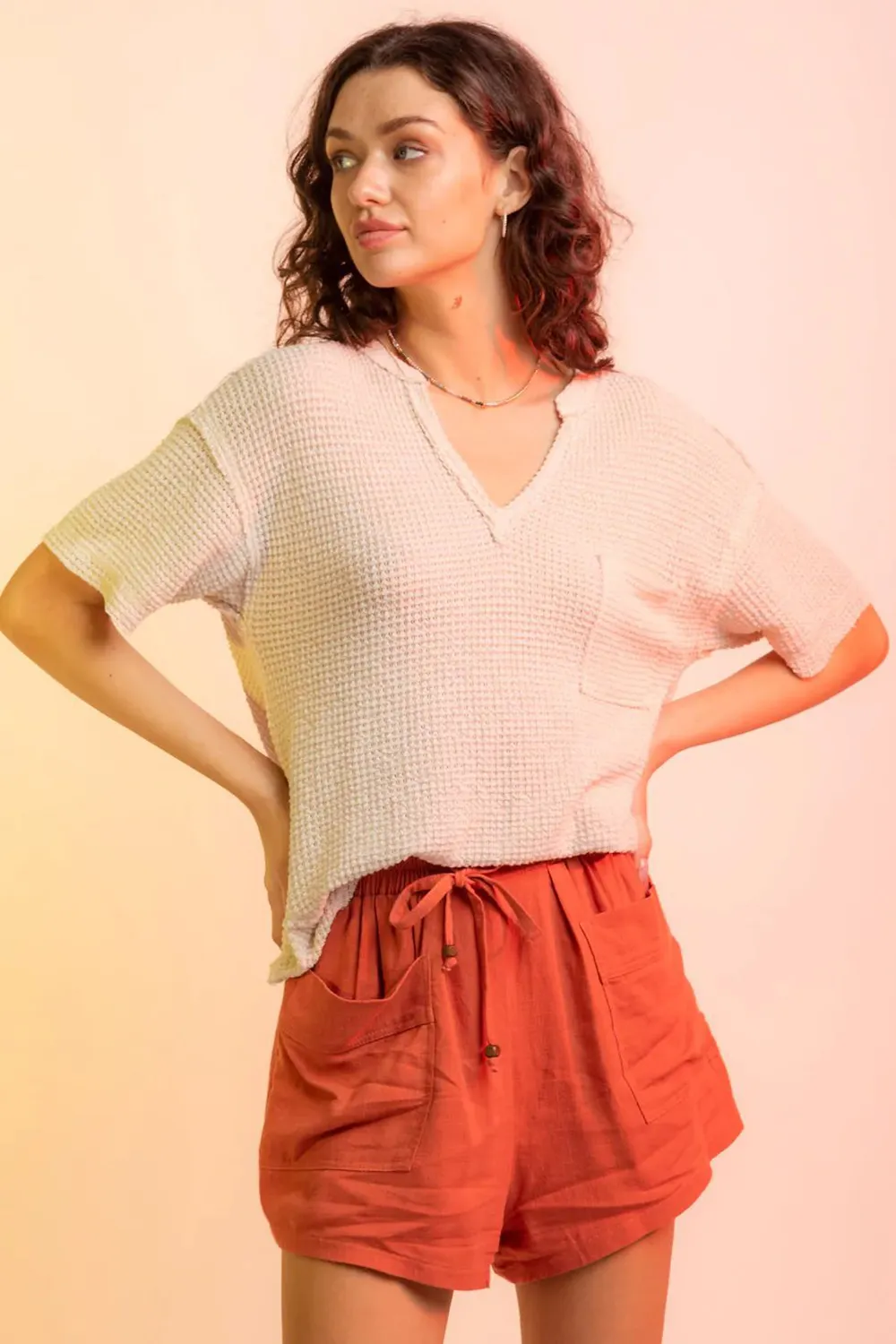 Waffle-Knit Notched Half Sleeve T-Shirt, image 14