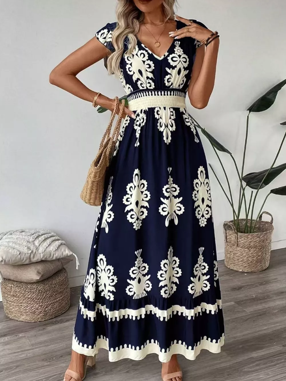 Ruffled Printed V-Neck Maxi Dress, image 5